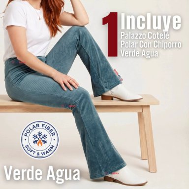 PANTALON COTELE  PALAZZO POLAR CON CHIPORRO ELASTICADO TERMICO VERDE AGUA - 2