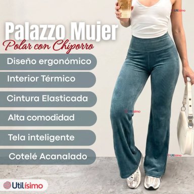 PANTALON COTELE  PALAZZO POLAR CON CHIPORRO ELASTICADO TERMICO VERDE AGUA - 3