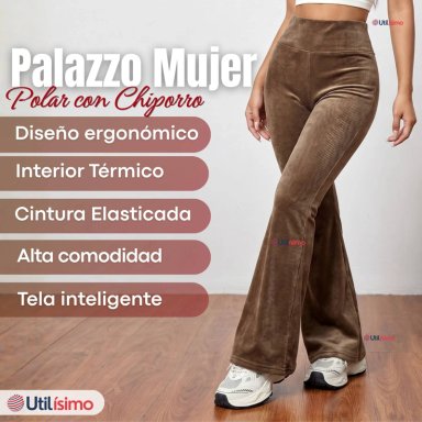 PANTALON COTELE  PALAZZO POLAR CON CHIPORRO ELASTICADO TERMICO CAFE - 3