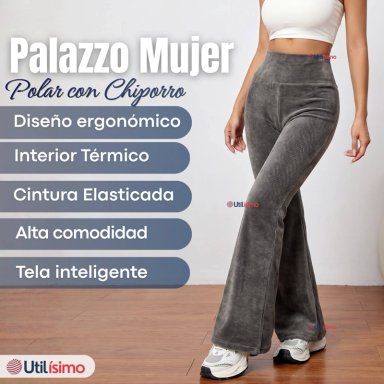 PANTALON COTELE  PALAZZO POLAR CON CHIPORRO ELASTICADO TERMICO GRIS MELANGE - 3