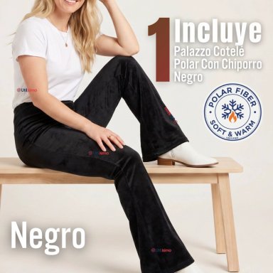 PANTALON COTELE  PALAZZO POLAR CON CHIPORRO ELASTICADO TERMICO NEGRO - 2