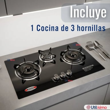 COCINA ENCIMERA A GAS LICUADO 3 PLATOS VIDRIO TEMPLADO - 4