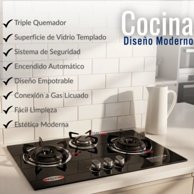 COCINA ENCIMERA A GAS LICUADO 3 PLATOS VIDRIO TEMPLADO - 5