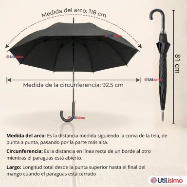 PARAGUAS MATE GRANDE 92,5 CM SOMBRILLA AUTOMATICA MANGO LARGO NEGRO - 4