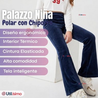 PANTALON PALAZZO POLAR CON CHIPORRO NIÑA JUVENIL ELASTICADA TERMICA NAVY BLUE - 3