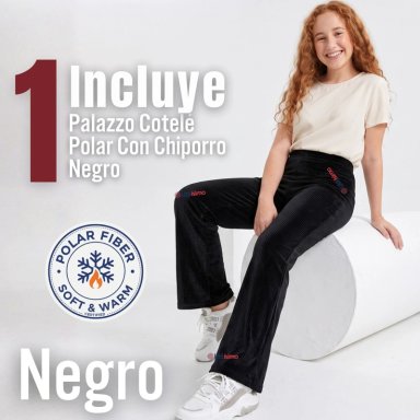 PANTALON PALAZZO POLAR CON CHIPORRO NIÑA JUVENIL ELASTICADA TERMICA NEGRA - 2