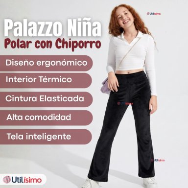 PANTALON PALAZZO POLAR CON CHIPORRO NIÑA JUVENIL ELASTICADA TERMICA NEGRA - 3