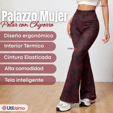 Pantalón Polar Con Chiporro Palazzo Mujer Calza Elasticada Térmica Burdeo - 4
