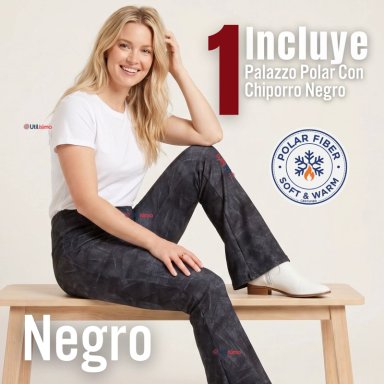Pantalón Polar Con Chiporro Palazzo Mujer Calza Elasticada Térmica Negra - 2