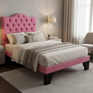 CAMA FLOBAL BARBIE CAPITONES INCLUYE BASE 1.5 PLAZAS ROSADO + RESPALDO - 4