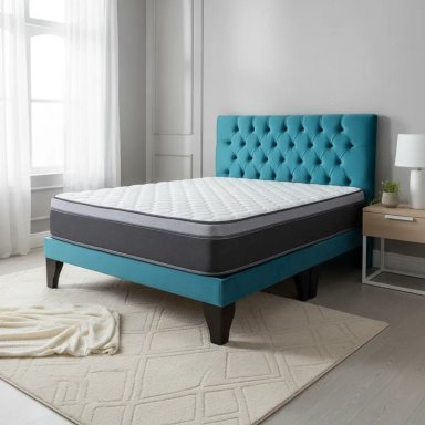 CAMA EUROPEA 2 PLAZAS BASE DIVIDIDA + RESPALDO CAPITONES TURQUESA - 1