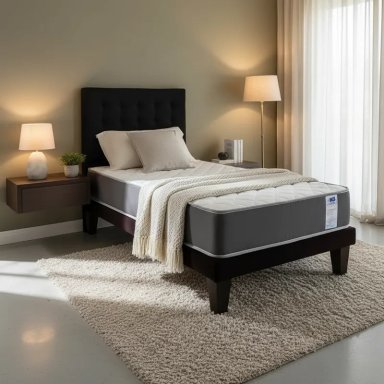 CAMA 1 PLAZA ABOTONADA 90X190 CM + RESPALDO NEGRO + COLCHON FLOBAL - 2