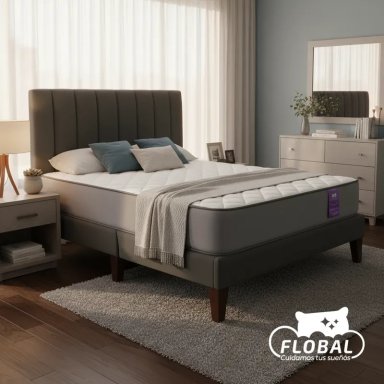 CAMA EUROPEA 2 PLAZAS BASE DIVIDIDA + RESPALDO FRANJAS NEGRO + COLCHON - 1