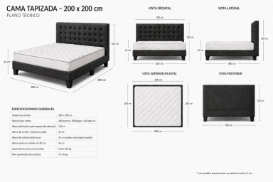 CAMA EUROPEA SUPER KING + RESPALDO ABOTONADO NEGRO 200X200 - 4