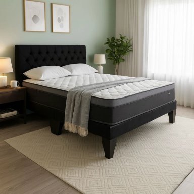 CAMA EUROPEA SUPER KING + RESPALDO CAPITONES NEGRO +COLCHON 200X200X28 - 2