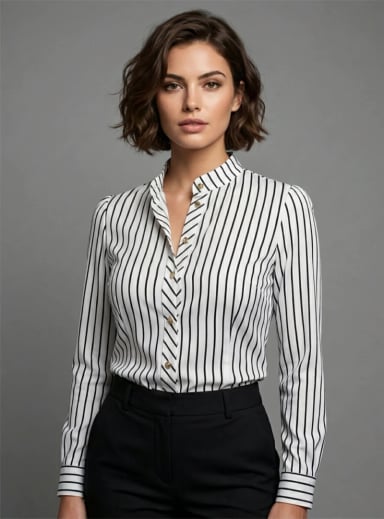 BLUSA DE MUJER RAYAS VERTICALES CON CUELLO MAO - CAMISA OFICINA BLANCO NEGRO - 1