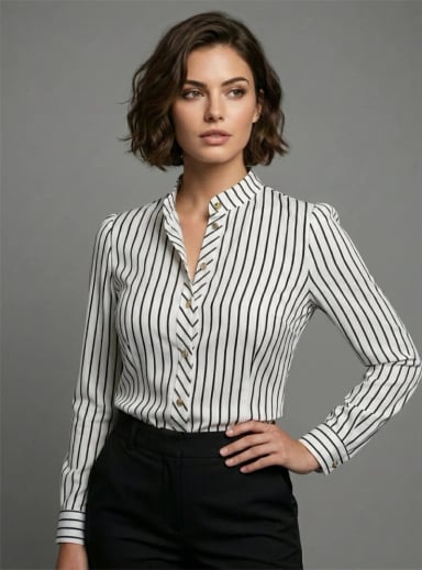 BLUSA DE MUJER RAYAS VERTICALES CON CUELLO MAO - CAMISA OFICINA BLANCO NEGRO - 3