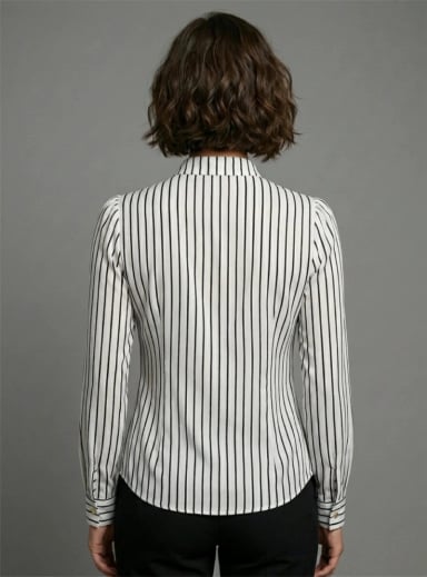 BLUSA DE MUJER RAYAS VERTICALES CON CUELLO MAO - CAMISA OFICINA BLANCO NEGRO - 4