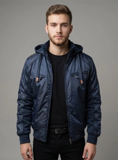 CHAQUETA BOMBER MINIMALISTA CON CAPUCHA - AZUL NAVY - 1