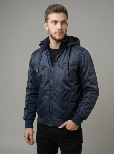 CHAQUETA BOMBER MINIMALISTA CON CAPUCHA - AZUL NAVY - 2