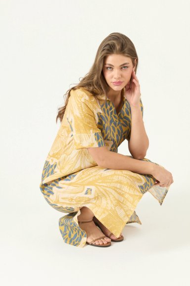 VESTIDO DE LINO ESTAMPADO MOSTAZA COD 4005495 - 1