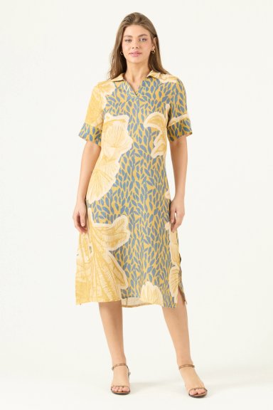 VESTIDO DE LINO ESTAMPADO MOSTAZA COD 4005495 - 4