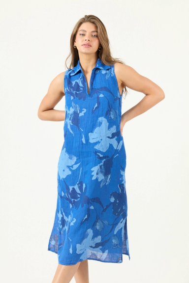 VESTIDO DE LINO ESTAMPADO AZULINO COD 4005815 - 1