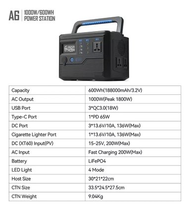 GENERADOR DE ENERGIA PORTÁTIL 600W ESTACIÓN CARGA EMERGENCIA - 4