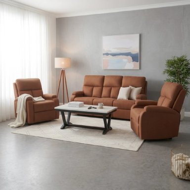 LIVING RECLINABLE SOFA 3 CUERPOS - MATHEUS CAFE   + 2 BERGERS + MESA DE CENTRO MODERNA MARMOL BLANCA - 1