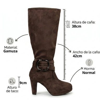 BOTA LARGA MUJER GAMUZA TACO GRUESO PLATAFORMA HEBILLA - 7