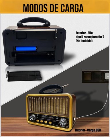 RADIO PORTÁTIL BLUETOOTH RECARGABLE Y A PILAS AM/FM MP3 VINTAGE - 3