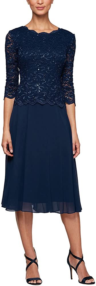 VESTIDO MUJER KADRIHEL AZUL MARINO MEDIA PIERNA ENCAJE GASA IDEAL PARA FIESTA GALA COCTEL BODA VC043 - 1