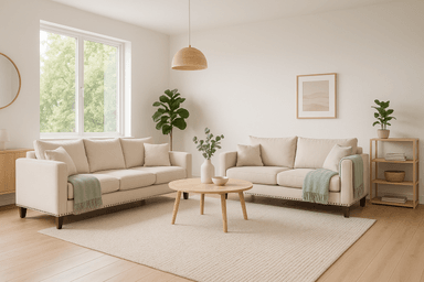 SOFA 3 Y 2 CUERPOS RIBE EN TELA BEIGE, SET PARA LIVING - 1