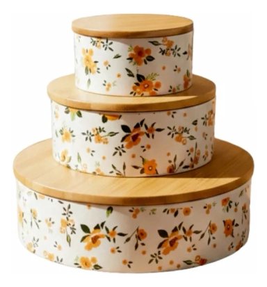 SET 3 CONTENEDORES TAPA BAMBU DISEÑO FLORAL VINTAGE JHN - 1