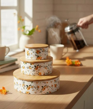 SET 3 CONTENEDORES TAPA BAMBU DISEÑO FLORAL VINTAGE JHN - 5