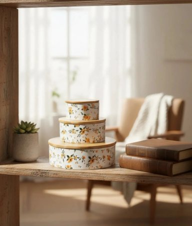 SET 3 CONTENEDORES TAPA BAMBU DISEÑO FLORAL VINTAGE JHN - 9