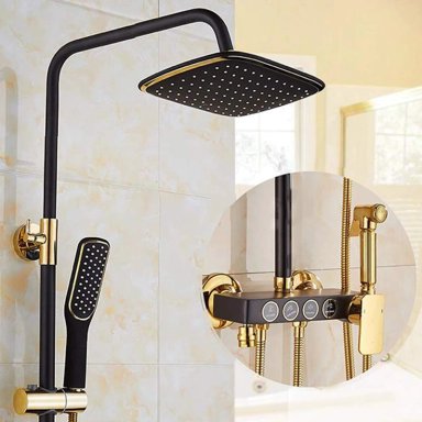 JUEGO DUCHA LUJO NEGRO DORADO GRIFO BAÑERA BAÑO RONDON - 6