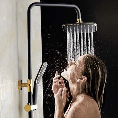 JUEGO DUCHA LUJO NEGRO DORADO GRIFO BAÑERA BAÑO RONDON - 7