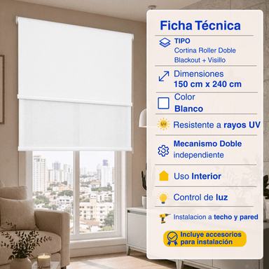CORTINA ROLLER BLACKOUT 2 PAÑO 150X240 DOBLE CON VISILLO SIN CENEFA GUIZA - 2