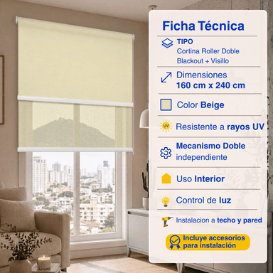 CORTINA ROLLER BLACKOUT 2 PAÑO 160X240 DOBLE CON VISILLO SIN CENEFA GUIZA - 2