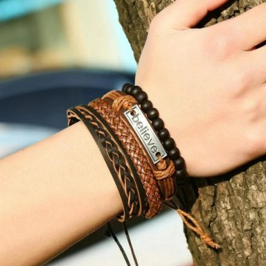 PULSERAS 2024 BRAZALETE CUERO GENUINO TIBETANO CON DIJE BELIEVE - 3