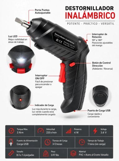TALADRO DESTORNILLADOR INALAMBRICO RECARGABLE + ACCESORIOS - 5