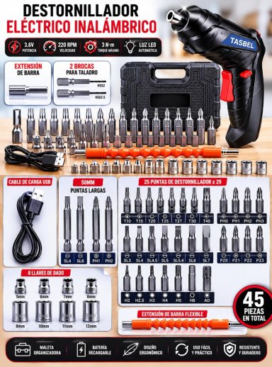 TALADRO DESTORNILLADOR INALAMBRICO RECARGABLE + ACCESORIOS - 7