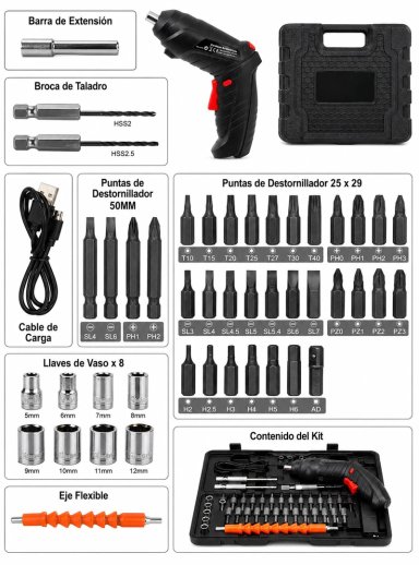 TALADRO DESTORNILLADOR INALAMBRICO RECARGABLE + ACCESORIOS - 8