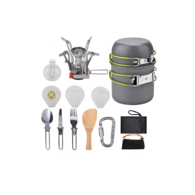 SET OLLAS CAMPING CON COCINILLA CUBIERTOS 10 PIEZAS ACAMPADA - 1