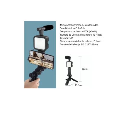 KIT DE GRABACIÓN CON MICRÓFONO LUZ LED Y SOPORTE TRÍPODE - 8