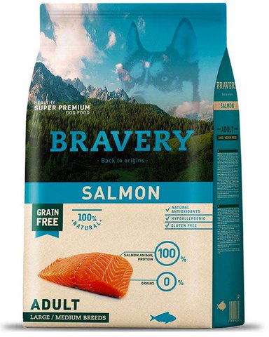 ALIMENTO SECO PERROS ADULTO BRAVERY RAZA MEDIANA GRANDE SABOR SALMÓN BOLSA 12 KG SUPER PREMIUM - 1