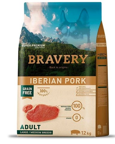ALIMENTO SNACK PERRO ADULTO BRAVERY RAZA MEDIANA/GRANDE SABOR CERDO IBÉRICO BOLSA 12KG SUPER PREMIUM - 1