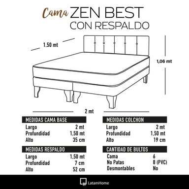 CAMA EUROPEA LATAM HOME ZEN BEST TELA VELVET BEIGE 2 PLAZAS + RESPALDO - 4