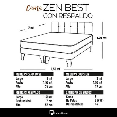 CAMA EUROPEA ZEN BEST TELA VELVET NEGRO 2 PLAZAS + RESPALDO - 4